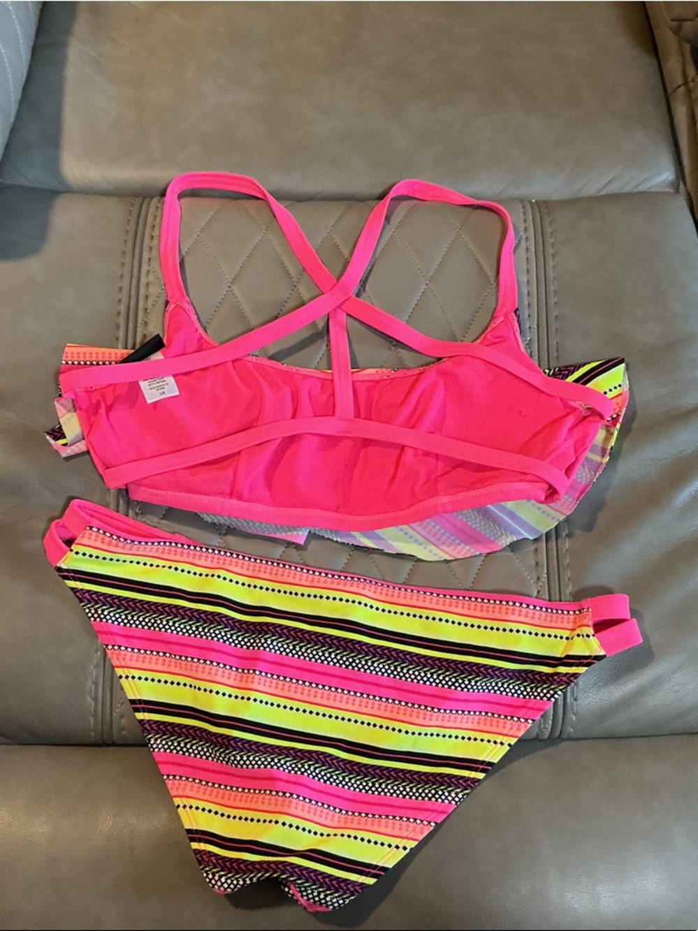 Joe Boxer Neon Pink & Yellow Striped Ruffle Bikini Set - Picture 2 of 4